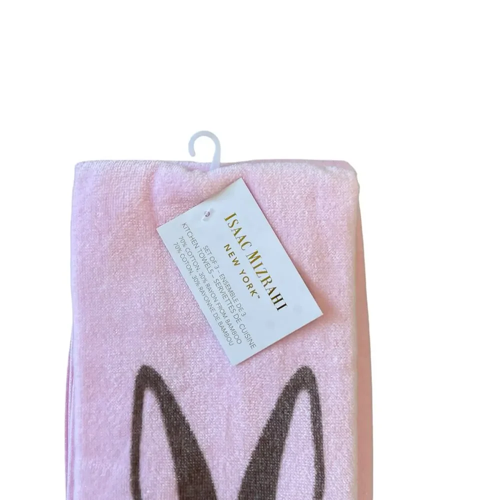 ISAAC MIZRAHI Pink Bunny Rabbit Cotton Kitchen Towels 19x28 Set of 3 Spring New